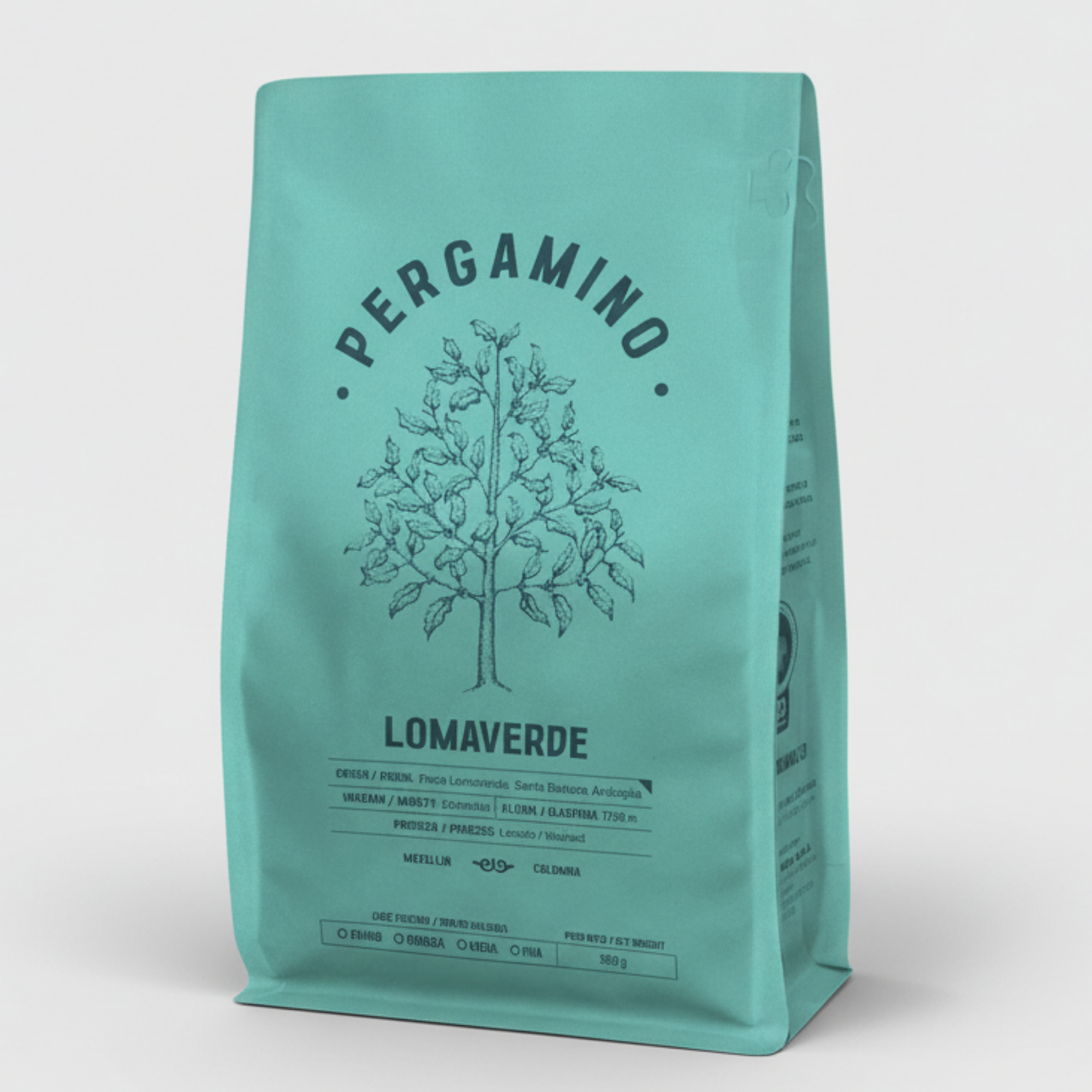 Teal coffee bag with 'Pergamino' branding on a light gray background