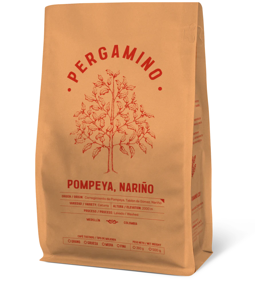 Kraft paper coffee bag with 'Pergamino' branding and coffee details on a white background