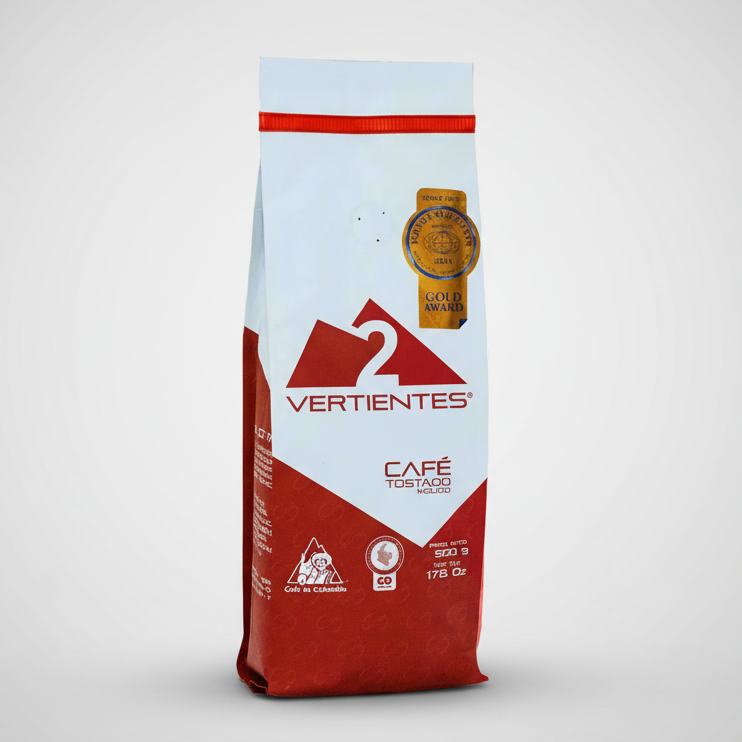 A package of Ginebras Coffee 2Vertientes, featuring a white and red design with a transparent section revealing coffee beans inside.