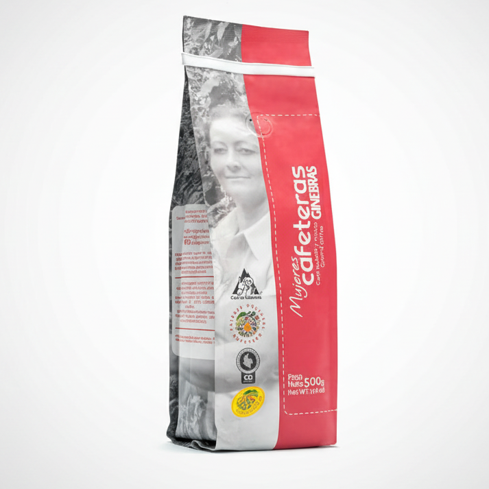 Coffee bag with a red label featuring a black and white photo on a light gray background