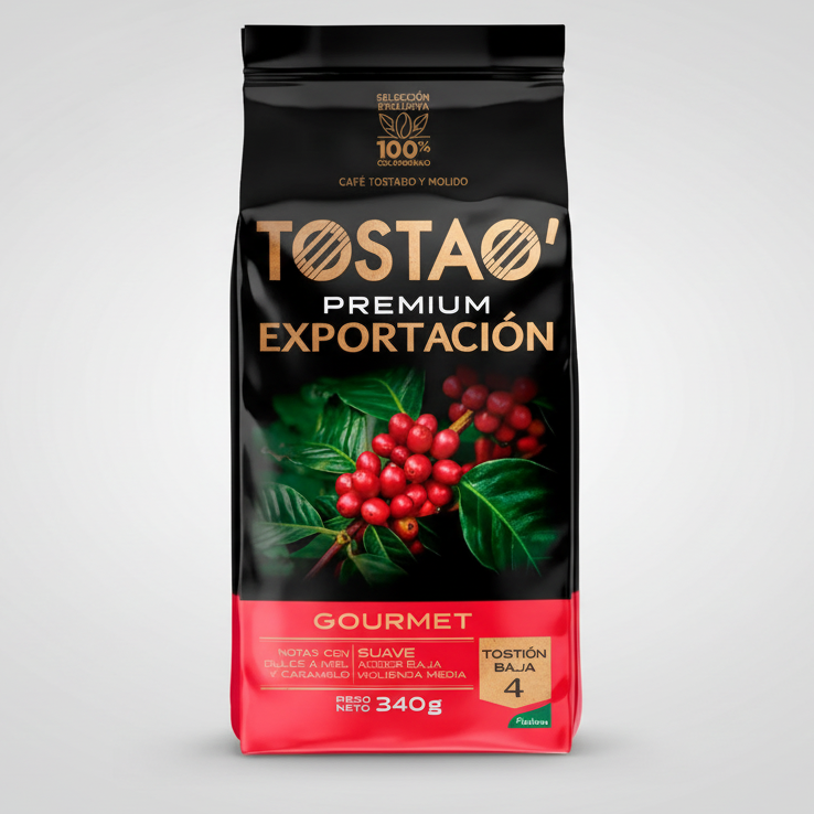Tostao coffee bag with coffee beans on a gray background