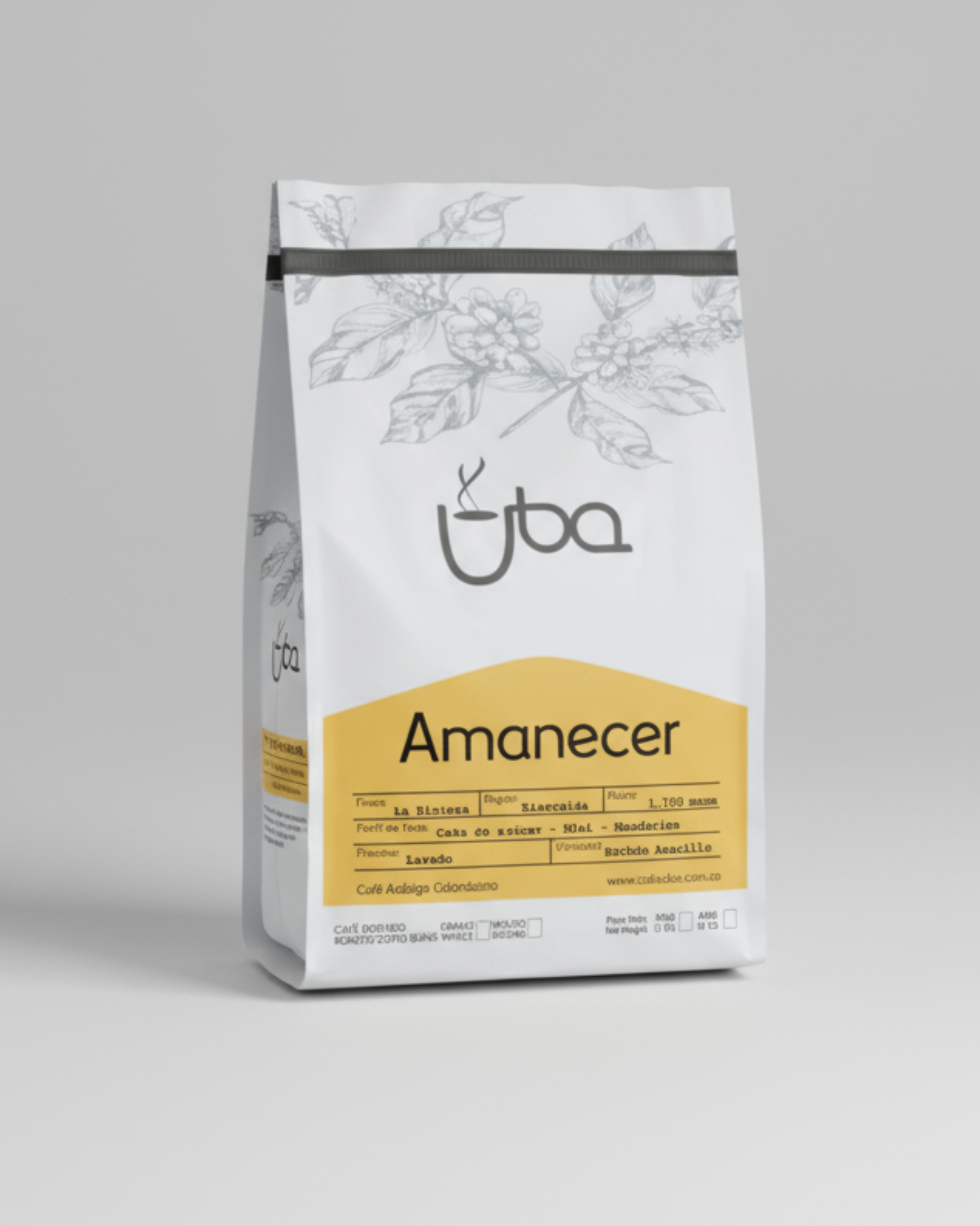 Coffee bag labeled 'Amanecer' by Uba on a gray background