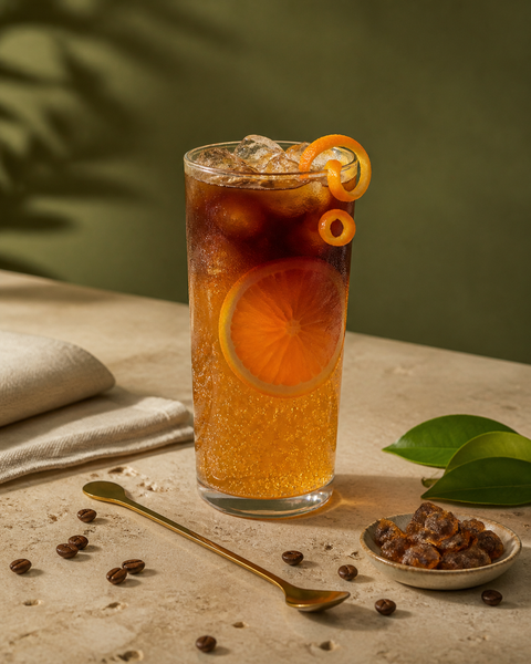 Sparkling orange Colombian coffee made with brewed ground coffee, ice, orange peel and panela