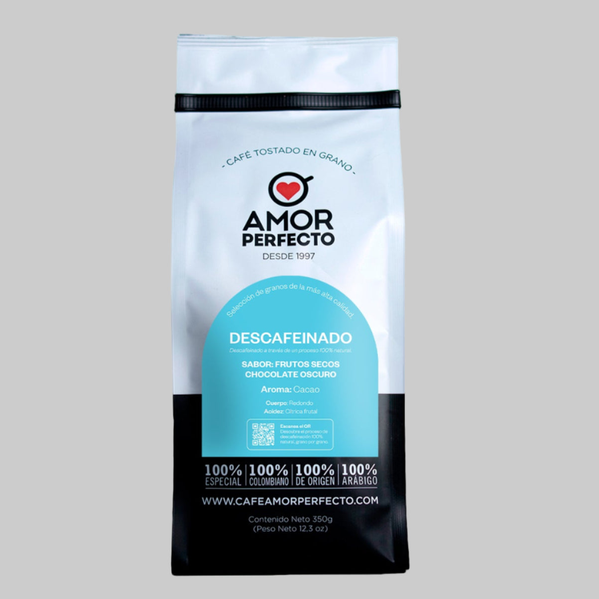 Amor Perfecto Decaff coffee bag on a white background