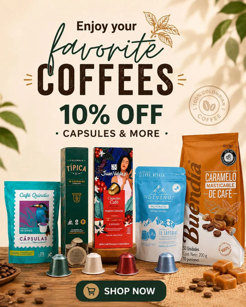 Promotional image of coffee packages with a 10% off offer on a wooden surface.