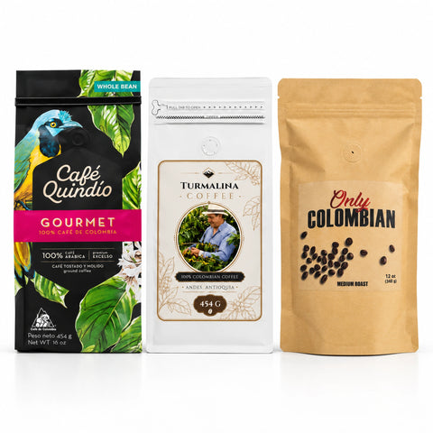 Three coffee bags arranged side by side on a white background: Café Quintio Gourmet whole bean coffee with a black tropical parrot package, Turmalina Coffee whole bean coffee in a white package, and Only Colombian medium roast whole bean coffee in a tan stand-up pouch.