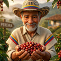 Colombian farmer holding ripe coffee cherries in the middle of a coffee plantation