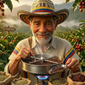 Colombian coffee farmer roasting green coffee beans
