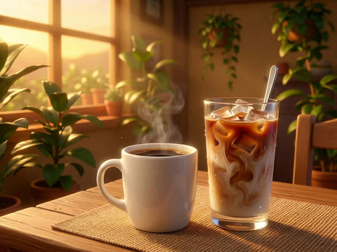 freeze dried instant coffee in a mug and coffee in a tall glass with ice and milk