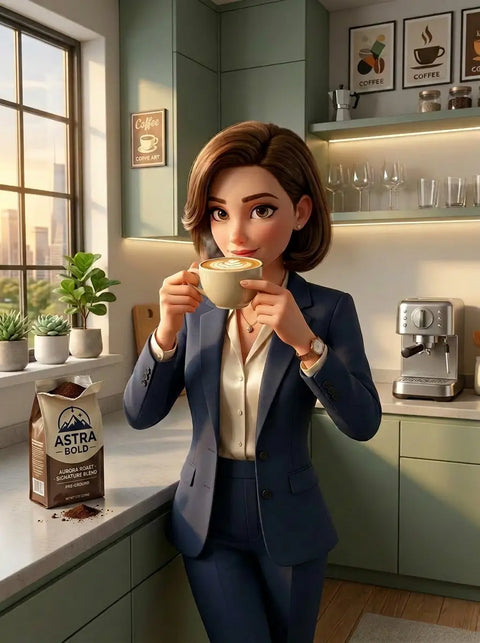 professional woman drinking a café latte pulled from ground coffee beans sourced from colombia