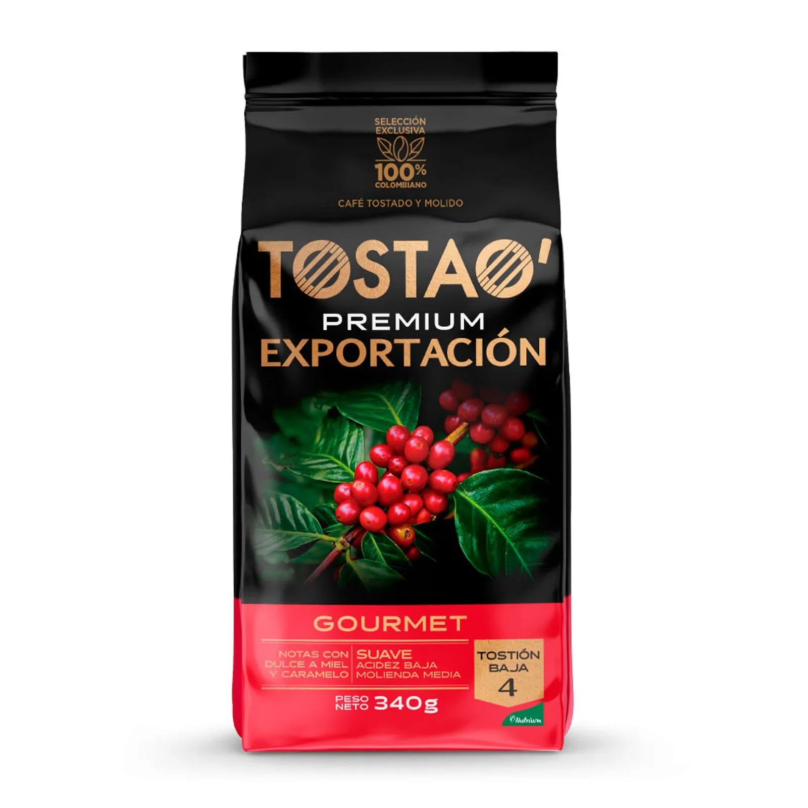 Tostao Premium Exportacion coffee bag with coffee beans and leaves on a white background