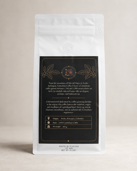 Back label of Turmalina Colombian coffee bag with gold leaf illustrations and 100% Colombian coffee product details