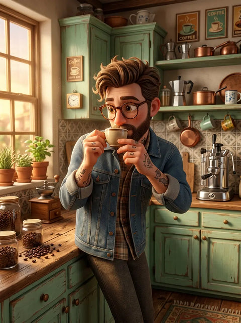 hipster drinking an espresso pulled from colombian coffee beans