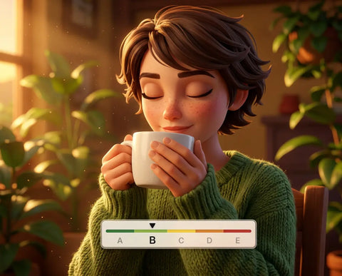Young woman in a green sweater holding a white coffee mug with a warm indoor setting